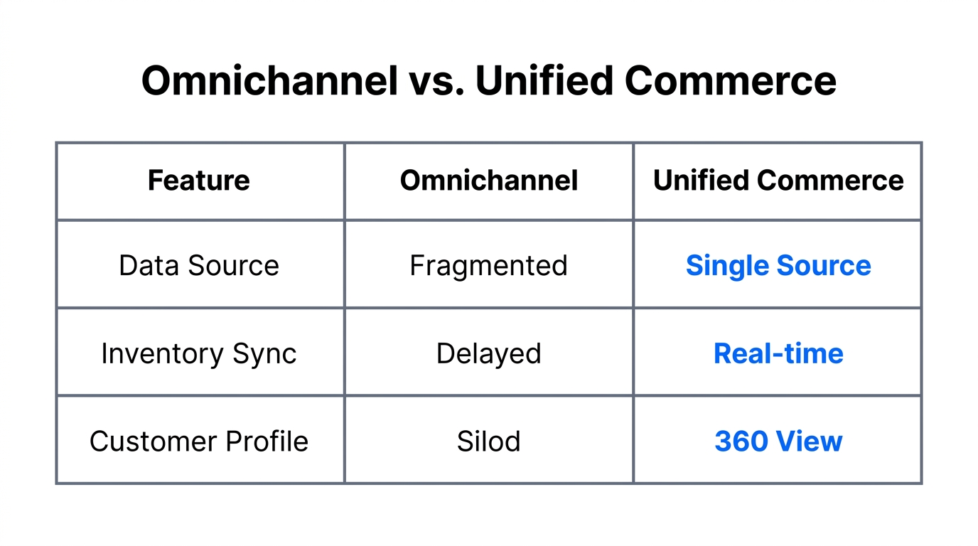 Comparison of data integration between omnichannel and unified commerce models.