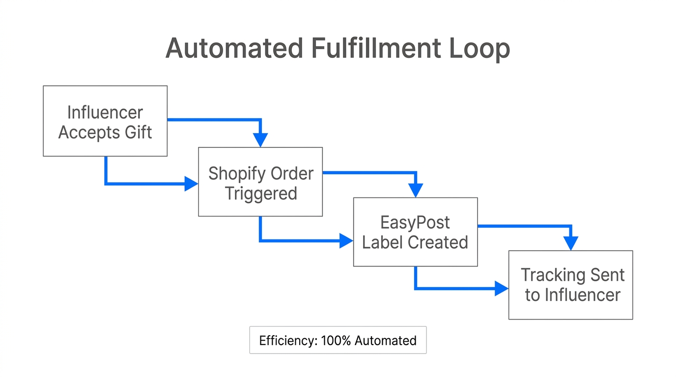 The seamless fulfillment flow from influencer acceptance to package tracking.