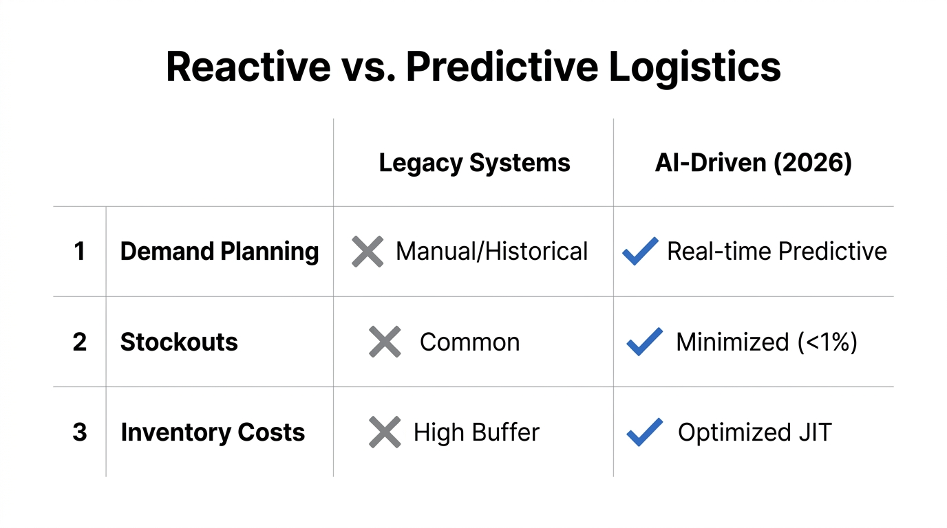 Comparison of traditional logistics performance versus AI-driven predictive modeling.