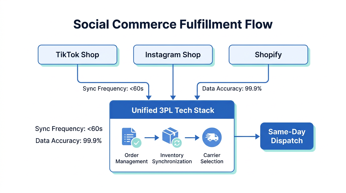 Unified fulfillment workflow connecting social storefronts to a central 3PL stack.