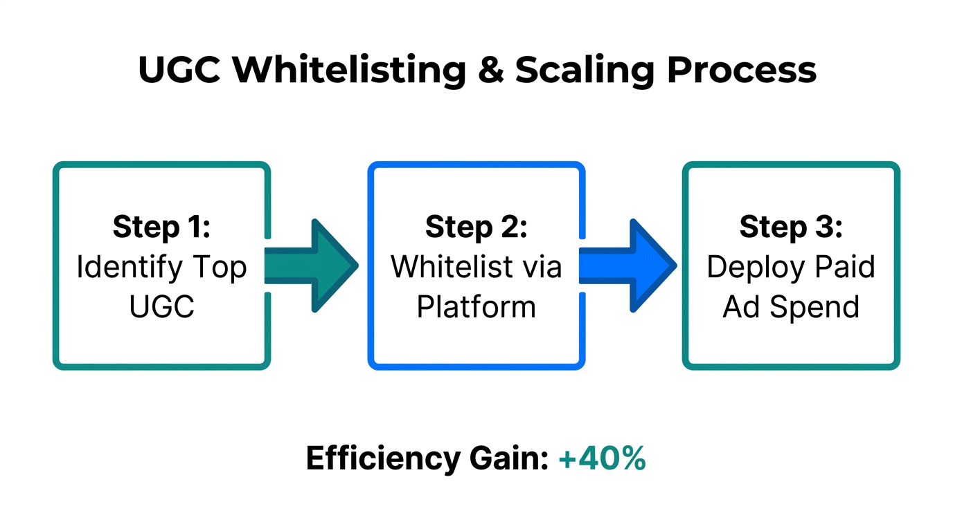 Three-step workflow for turning organic UGC into whitelisted performance ads.