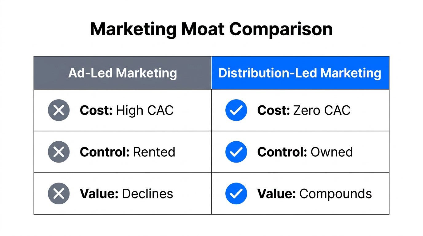 A comparison between traditional ad-driven marketing and distribution-led growth strategies.