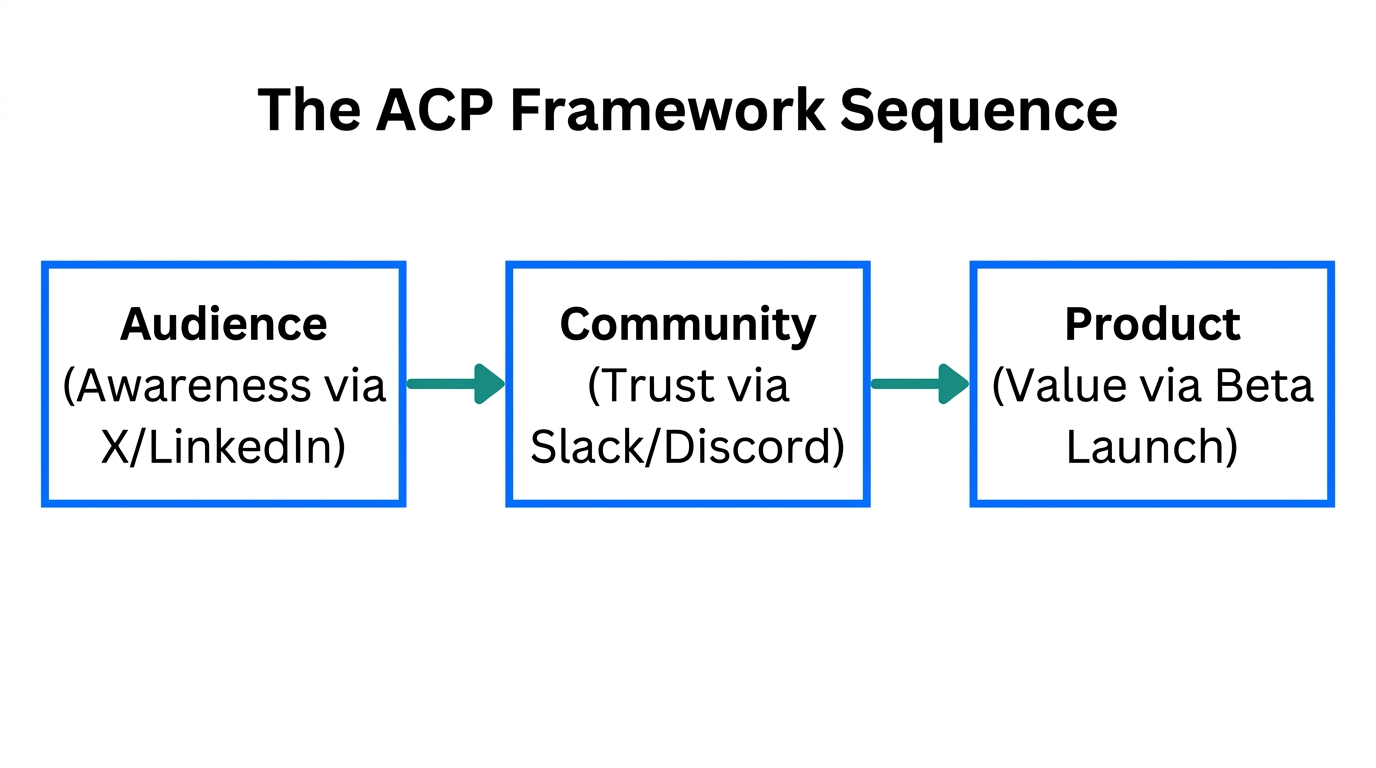 The sequential stages of the Audience-Community-Product growth framework.