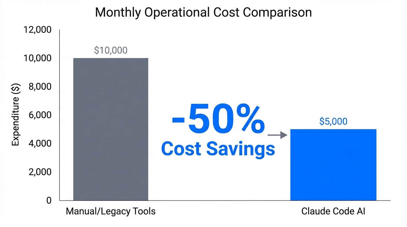 Comparison of monthly operational costs showing 50% savings with Claude Code.
