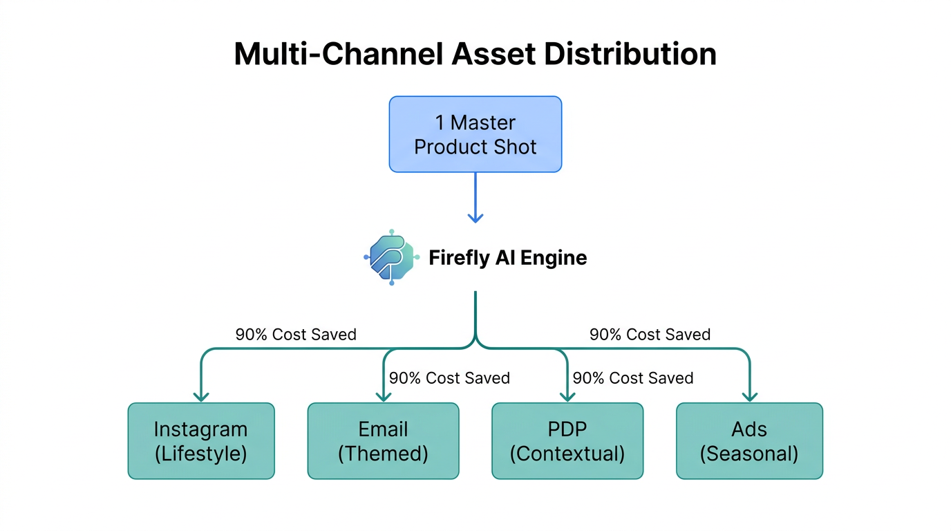Workflow showing how one product shot scales across marketing channels.