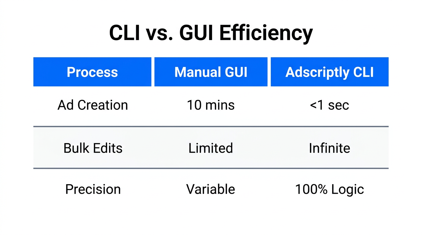 Comparison of manual GUI speed versus Adscriptly CLI efficiency