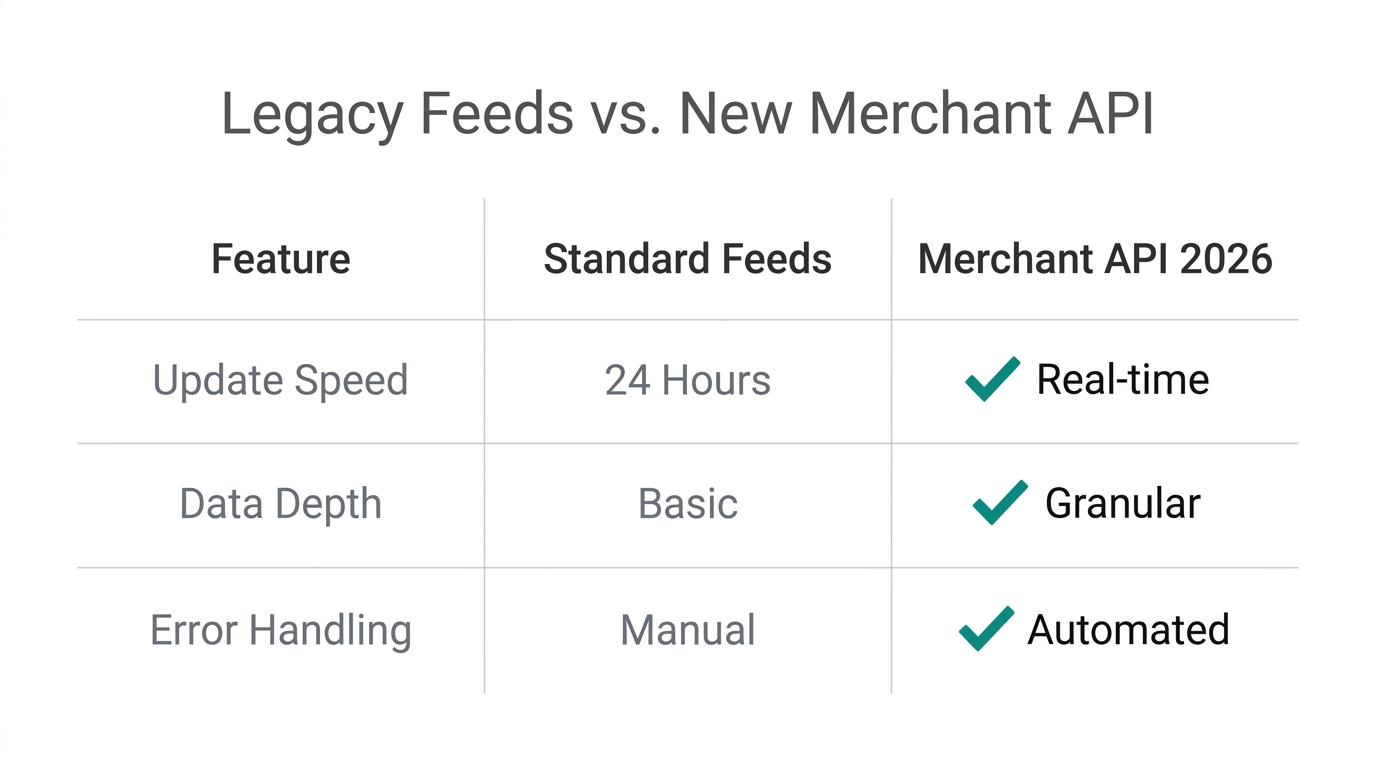 Comparison of traditional feed management versus the modern Merchant API.