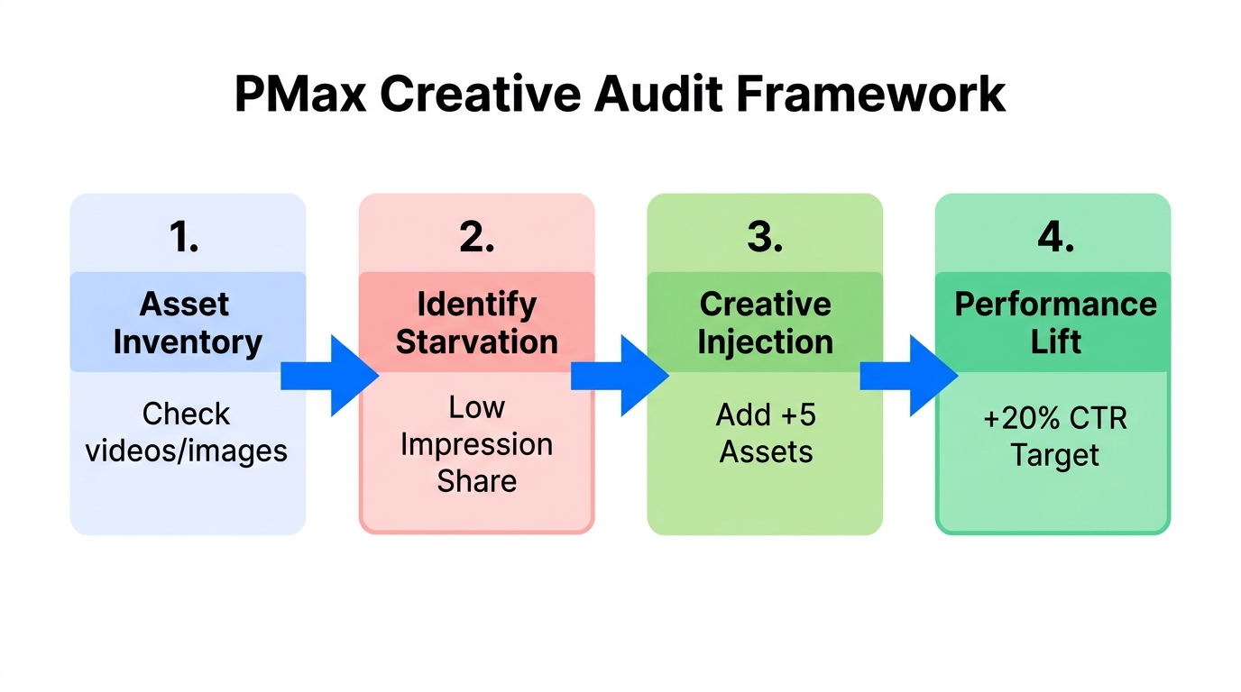 Step-by-step process for auditing and optimizing Performance Max creative assets.