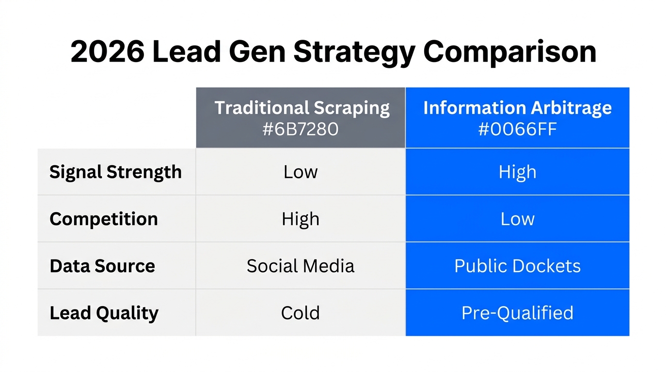 Comparison of traditional scraping versus information arbitrage strategies.