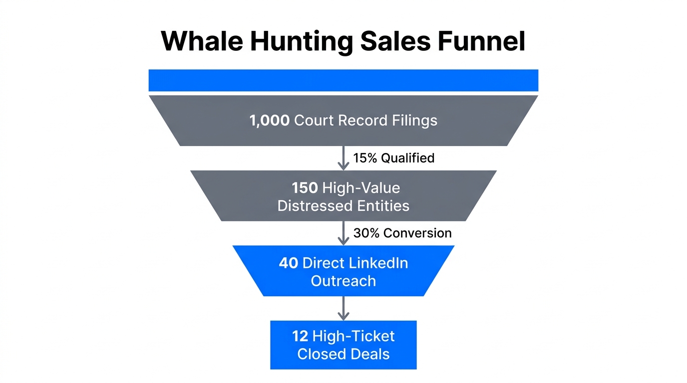 Sales funnel showing lead volume to high-ticket deal conversion.