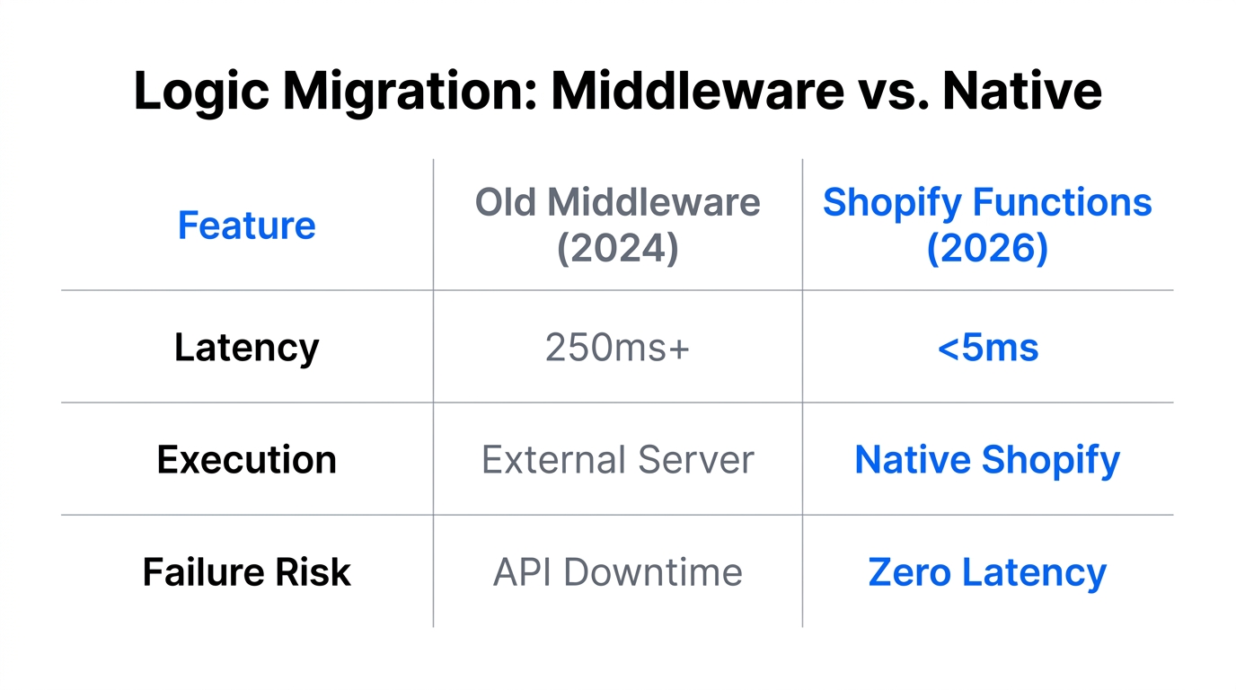 Performance comparison between legacy middleware and modern native Shopify Functions.