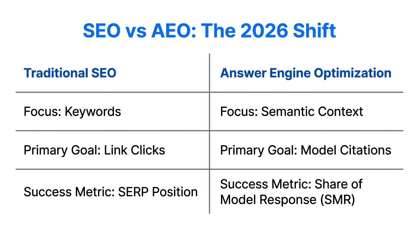 Comparison table showing the strategic shift from SEO to AEO.