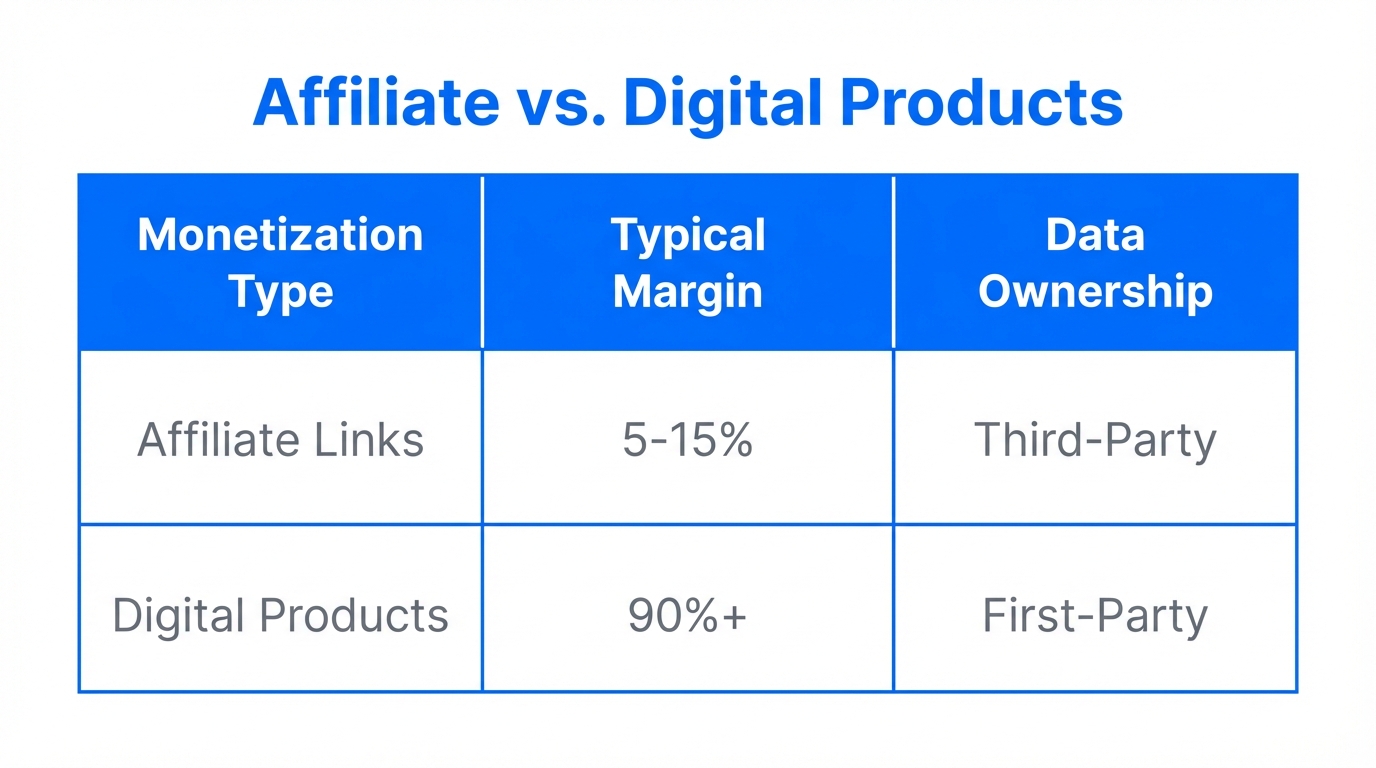 Profit margin and ownership comparison between affiliate and digital products.