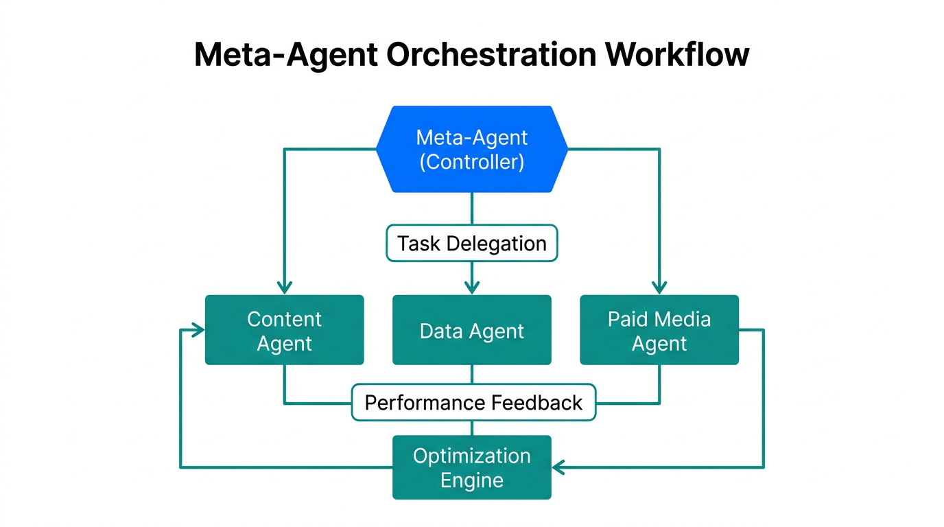 How meta-agents coordinate specialized sub-agents to execute complex marketing tasks.