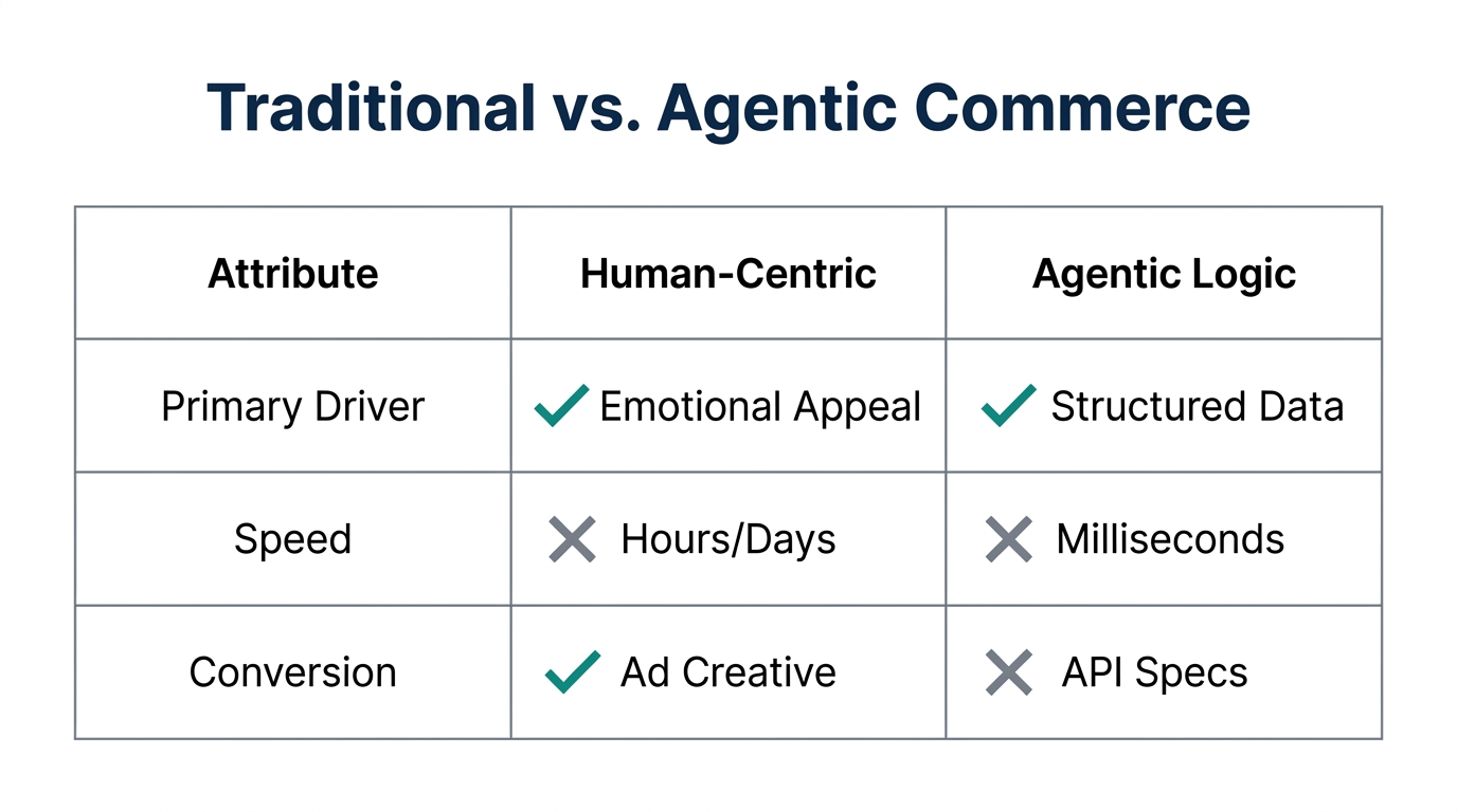 Key differences between marketing to humans versus marketing to AI agents.