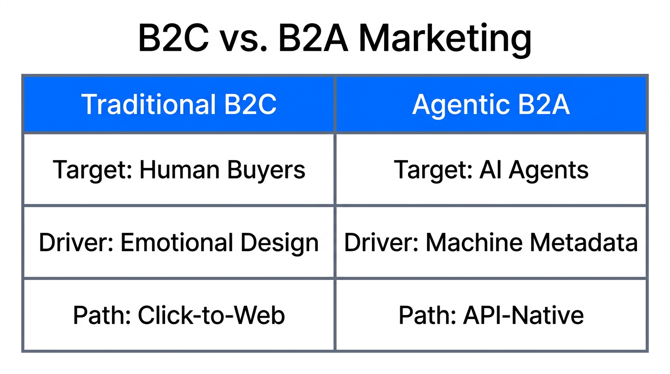 Key differences between human-centric B2C and agent-centric B2A marketing strategies.