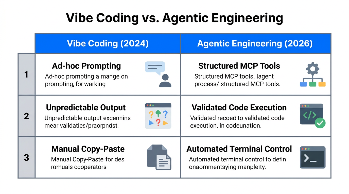 Comparison of traditional prompting versus modern tool-assisted agentic engineering.