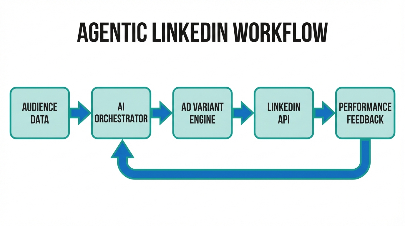 The closed-loop workflow of an agentic LinkedIn marketing command center.