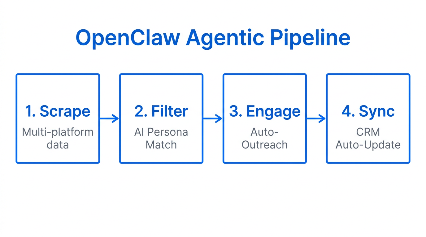 The four-stage automated workflow within the OpenClaw Influencer CRM.