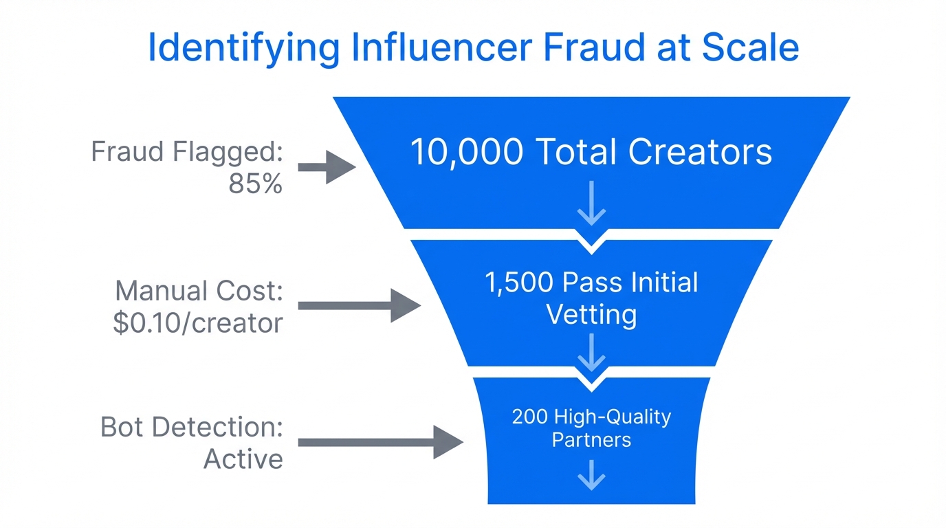 A funnel showing the scale of fraud detection in creator marketing.