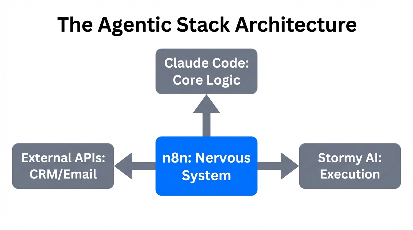 Architecture diagram showing n8n connecting Claude Code to execution tools.