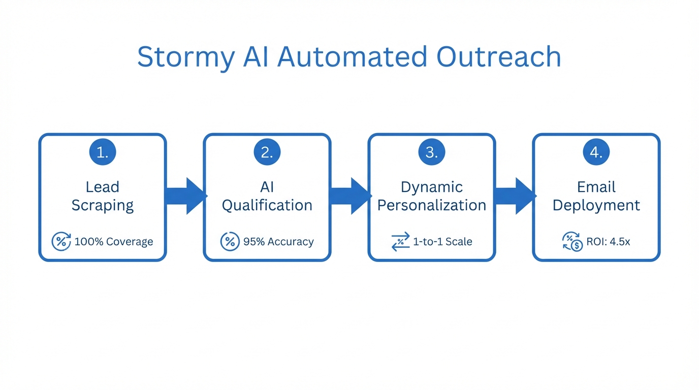The four-stage automated outreach process powered by Stormy AI.