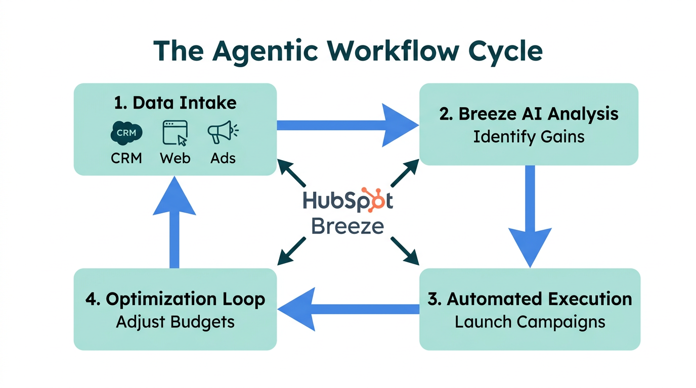 A four-step flywheel showing the HubSpot Breeze agentic workflow.