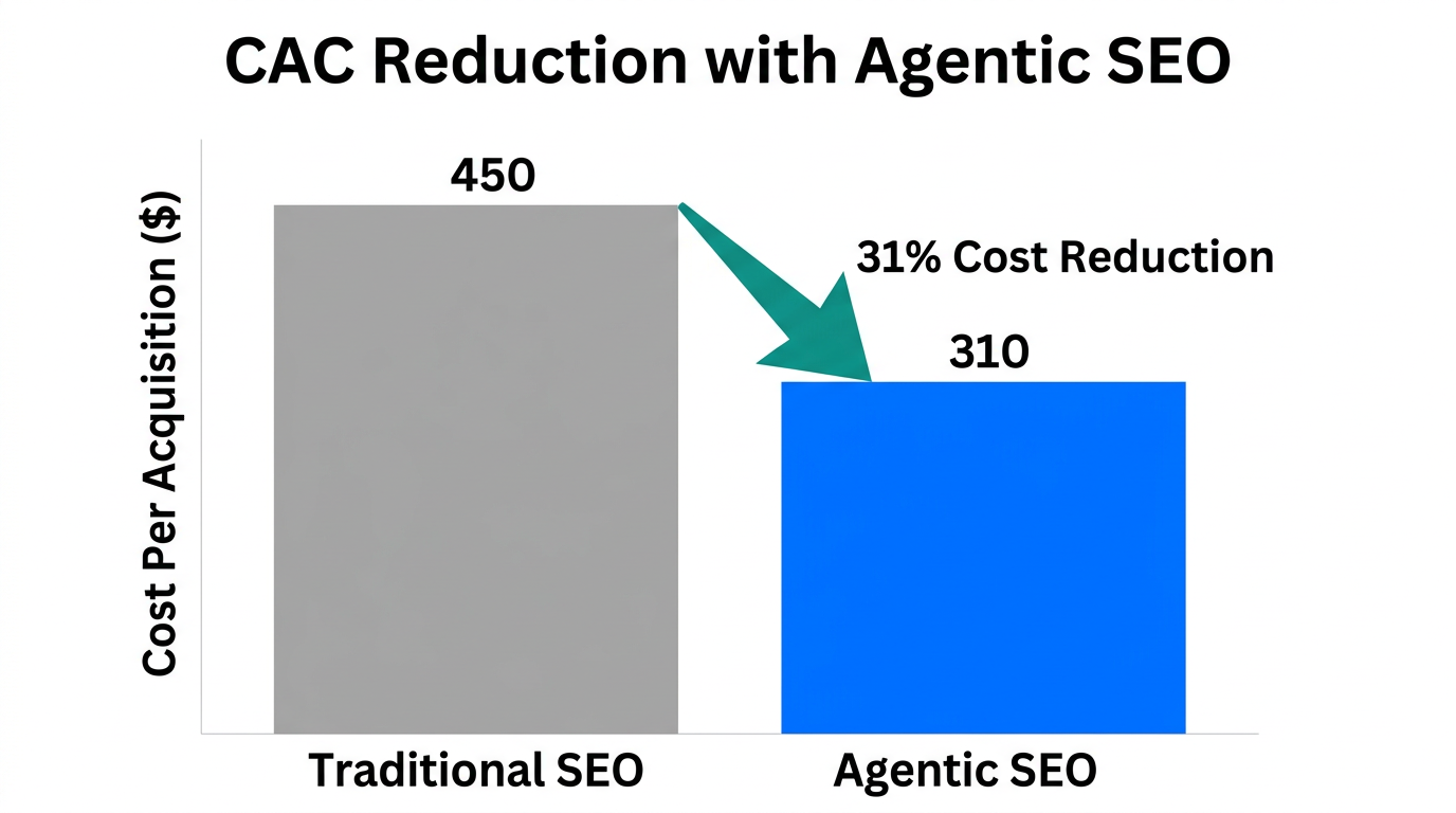 Comparison of Customer Acquisition Cost between traditional and agentic SEO methods.