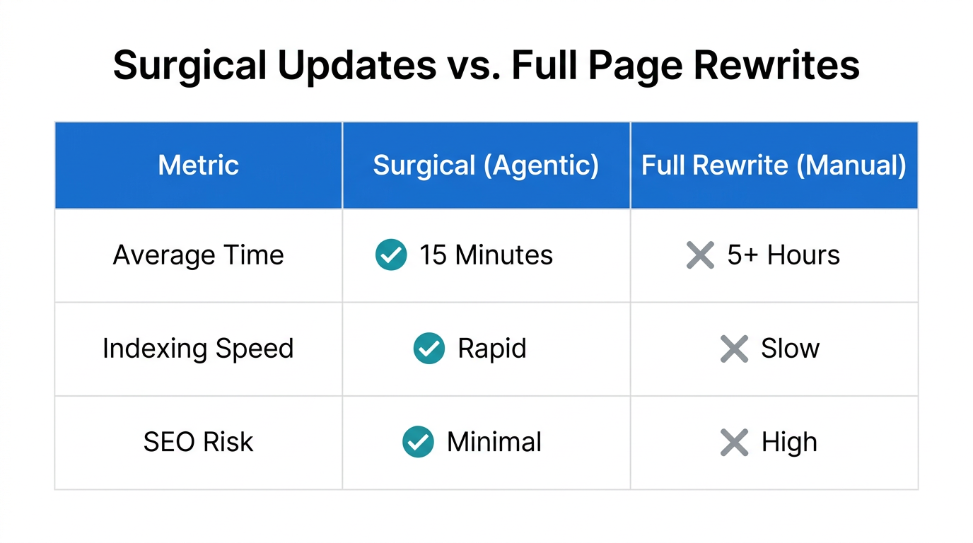 Efficiency and risk comparison of surgical updates versus manual rewrites.