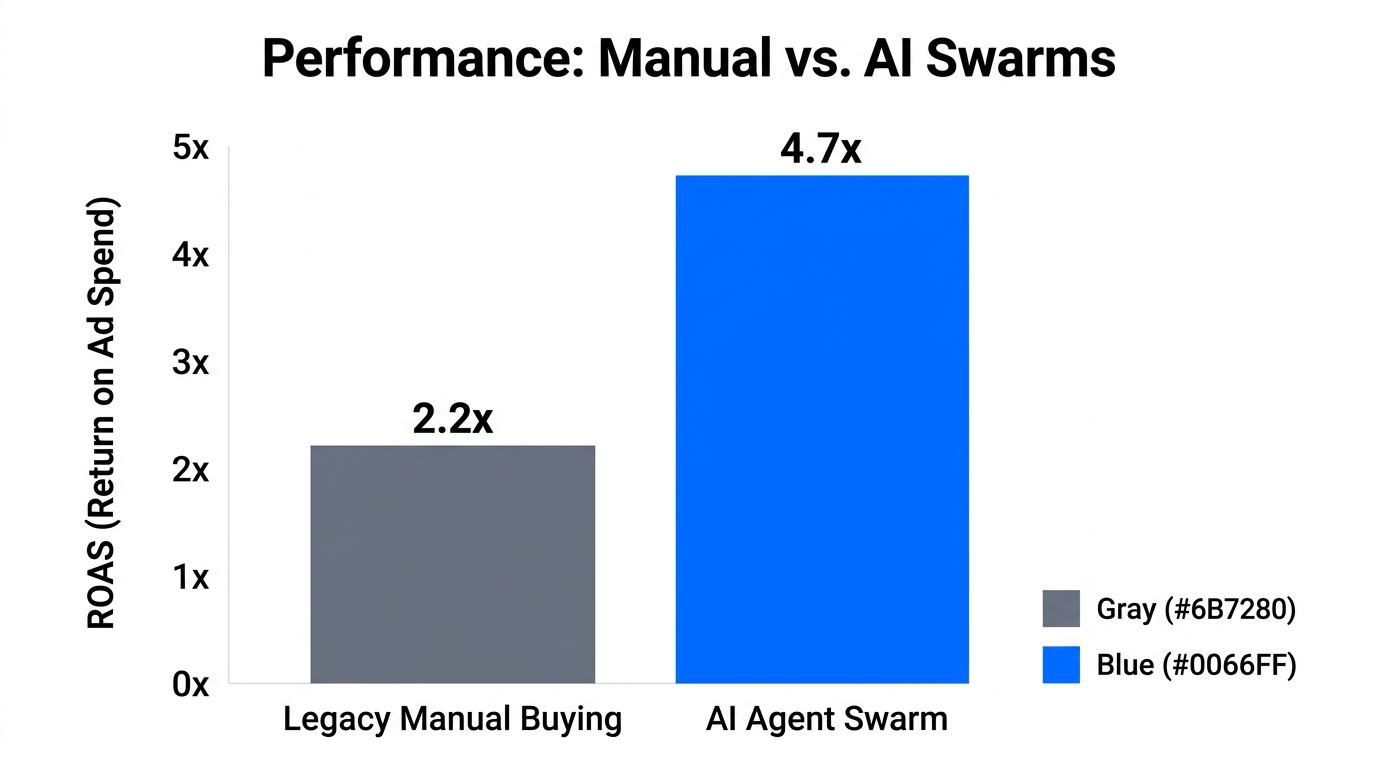 Comparison of ROAS between traditional manual buying and AI agent swarms.