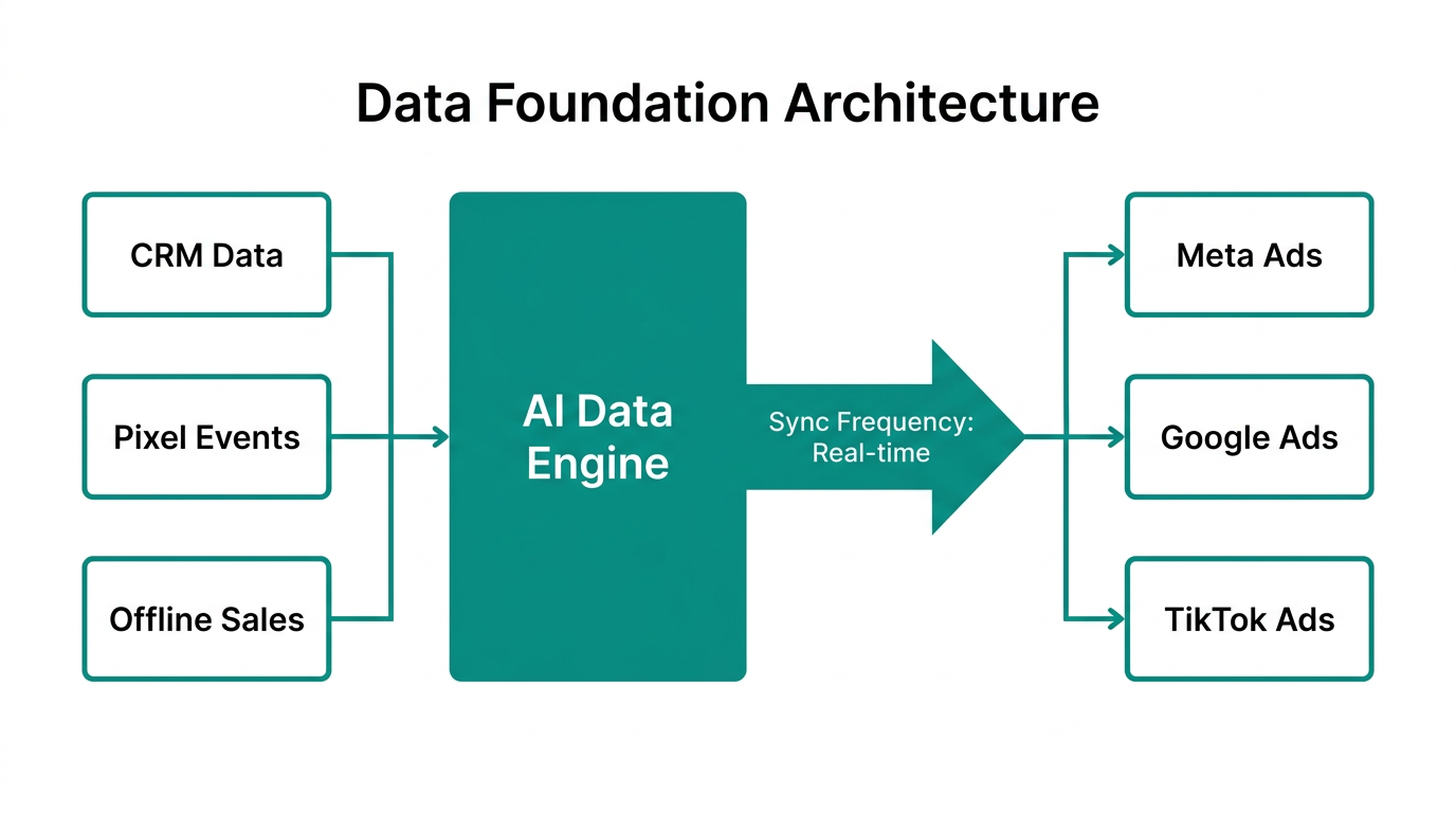 How first-party data flows from CRM to cross-channel ad platforms.