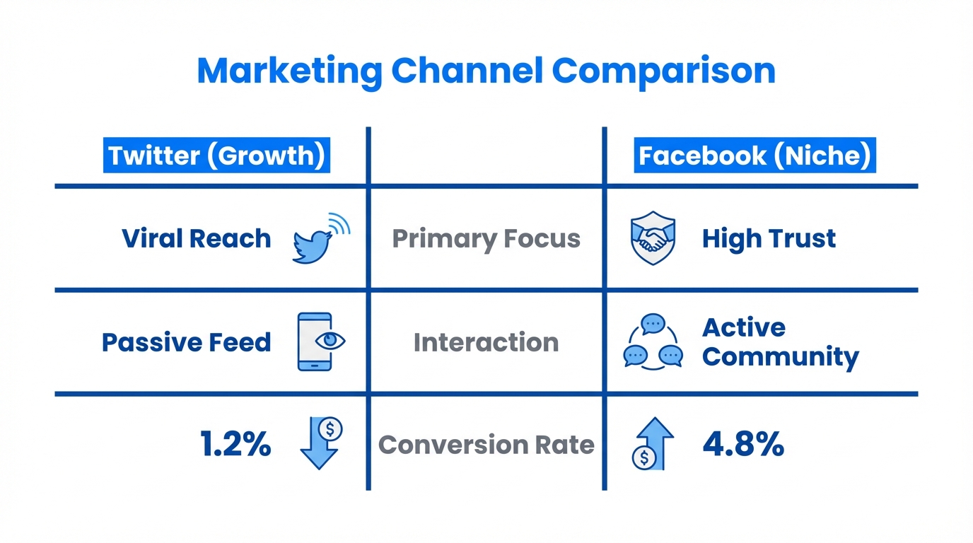 A side-by-side comparison of Twitter and Facebook marketing metrics.