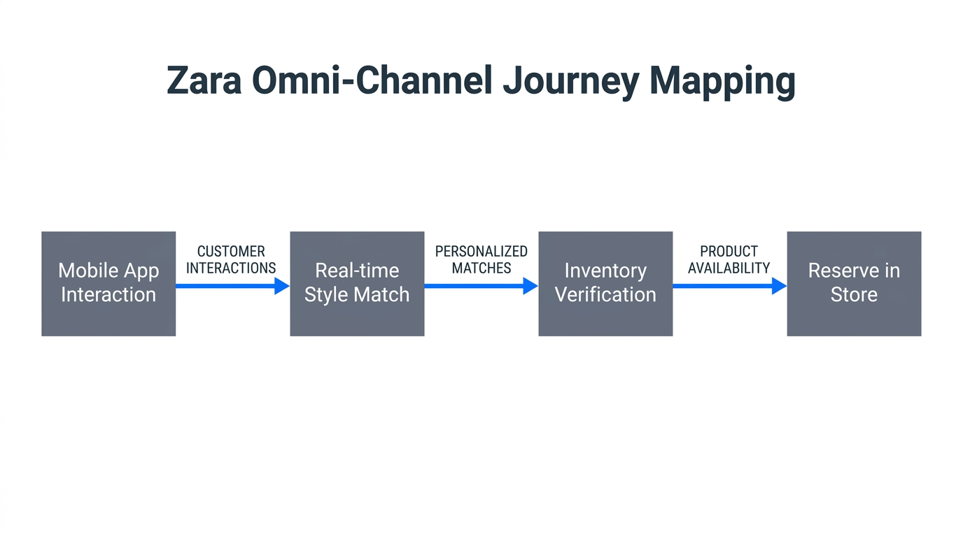 Customer journey flow showing Zara's integration of AI and physical retail.