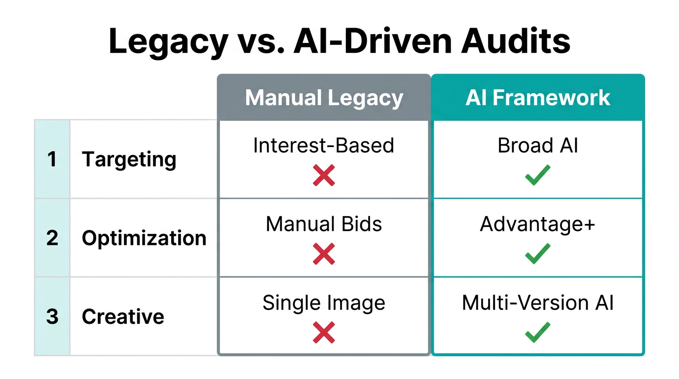 Key differences between traditional manual audits and AI-driven frameworks.