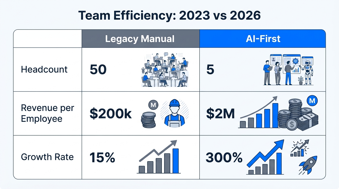 Comparison of revenue and headcount efficiency between legacy and AI-first teams.