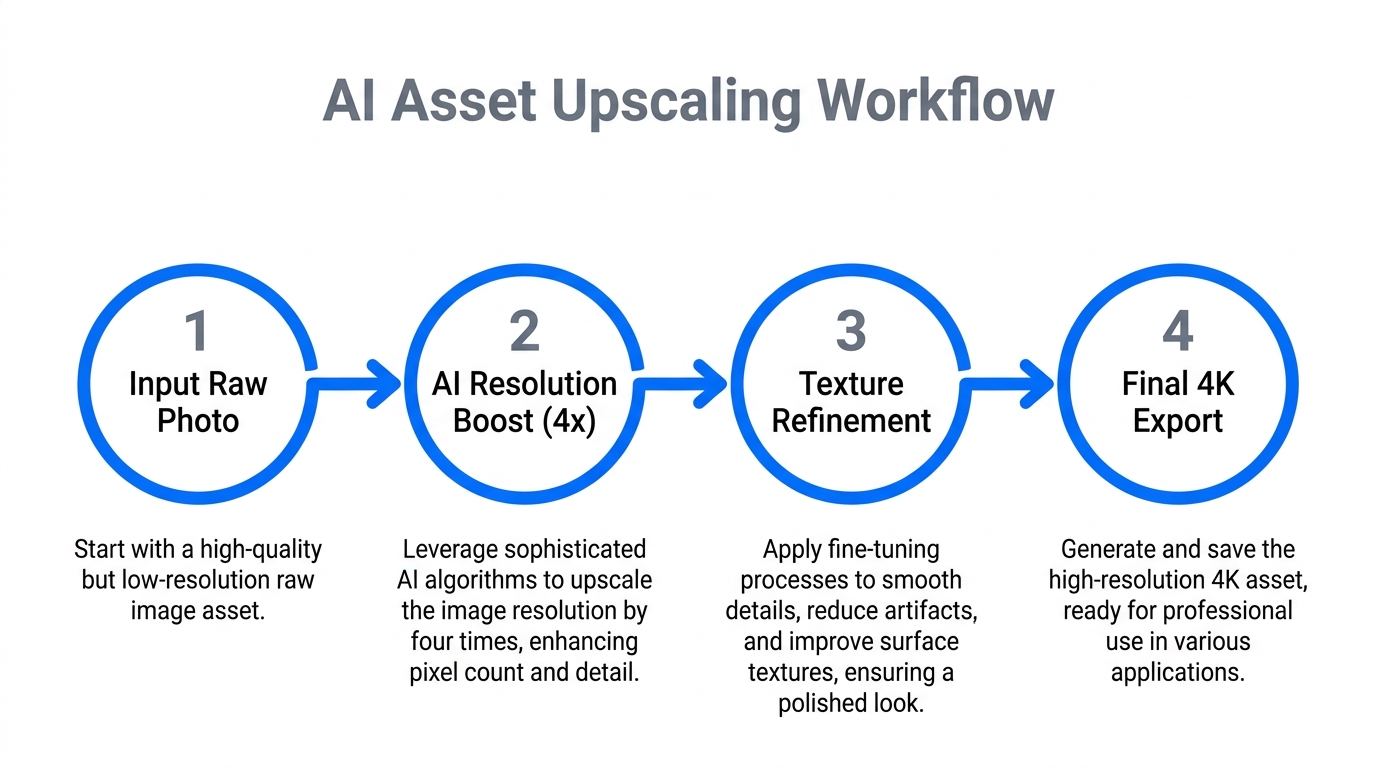A four-step technical workflow for upscaling ad assets to 4K.