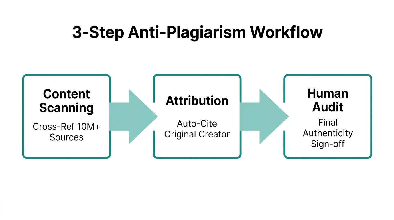 A structured workflow to prevent digital plagiarism in AI-generated content.