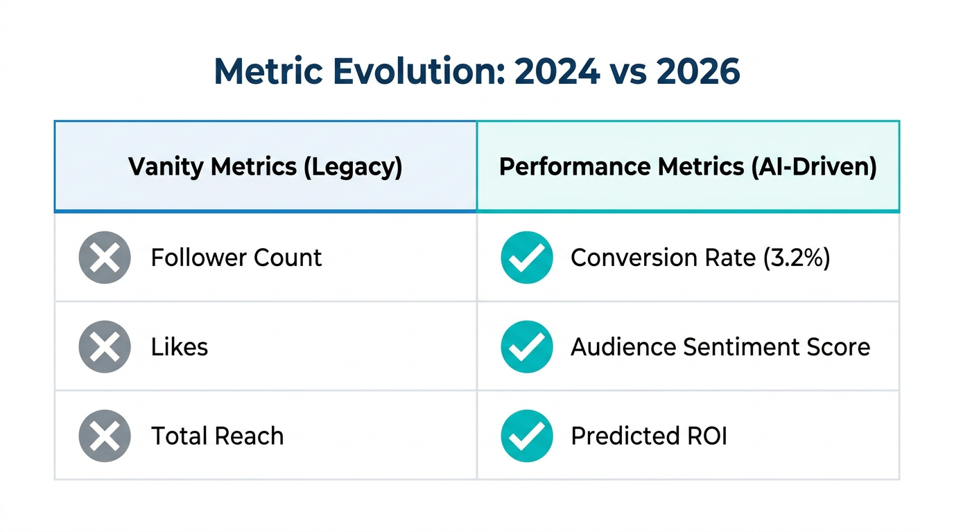 Comparison between outdated vanity metrics and modern AI-driven performance indicators.