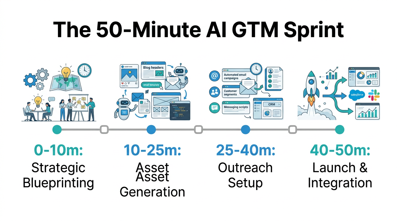 A breakdown of the 50-minute AI marketing funnel development timeline.