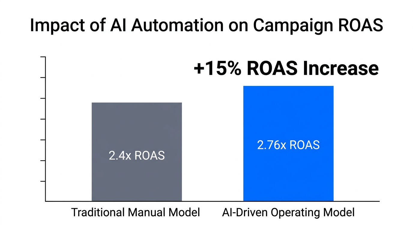 ROAS improvement visualization after switching to an AI operating model.