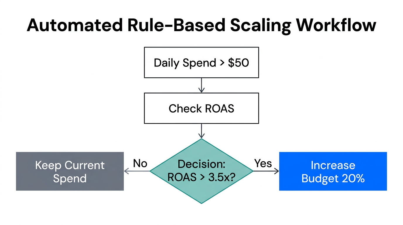 Workflow for automated budget scaling based on ROAS performance.