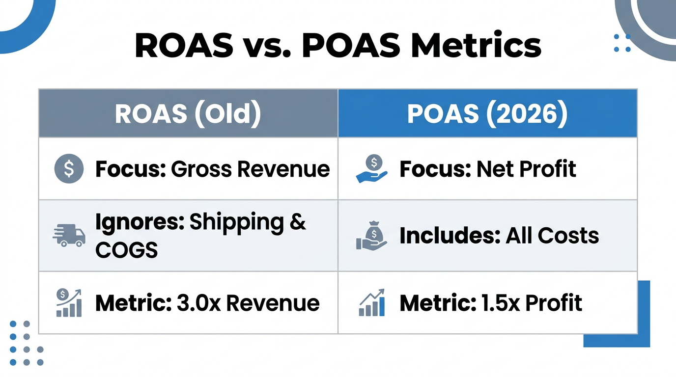 Comparison of ROAS and POAS marketing efficiency metrics