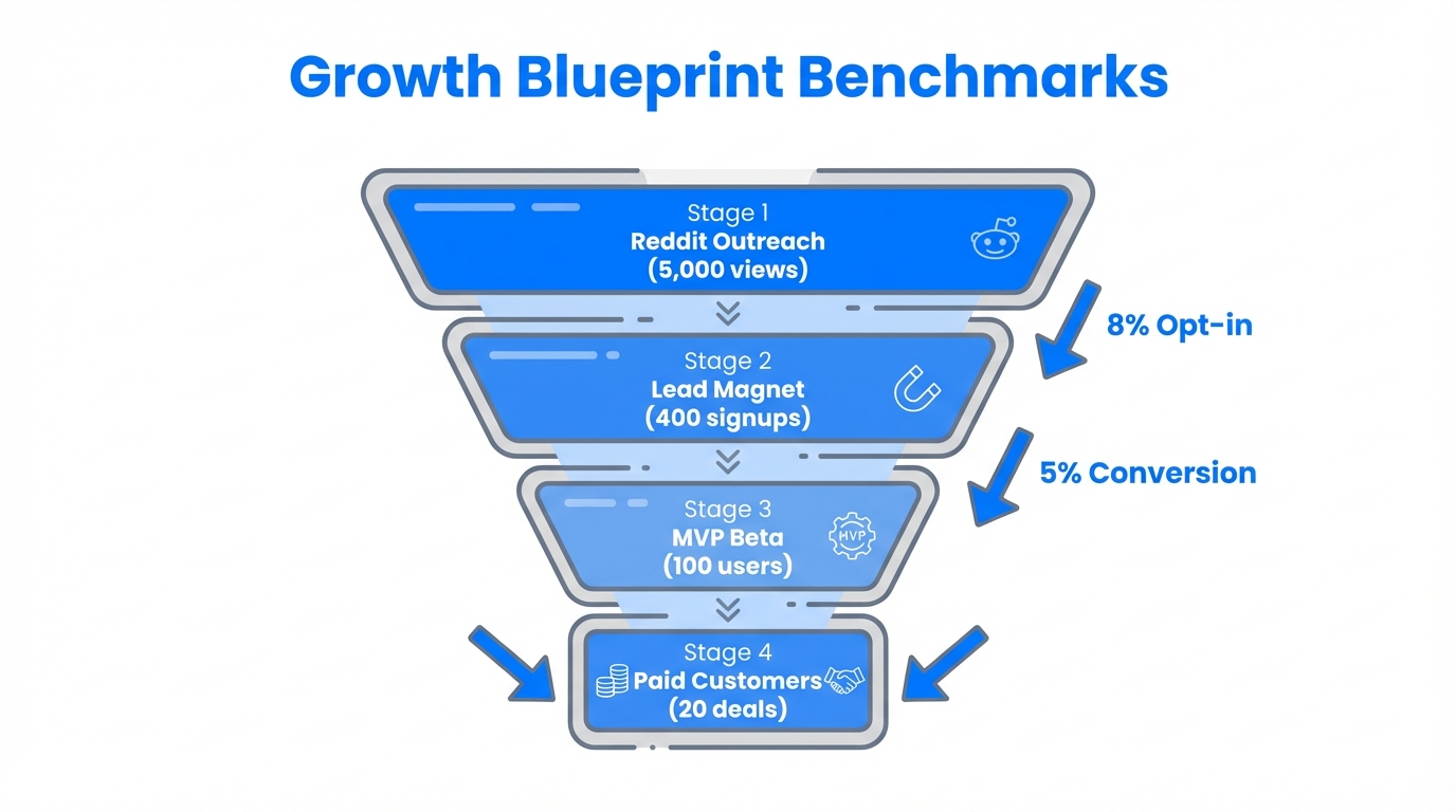 Expected conversion funnel and user volume for a new startup concept.