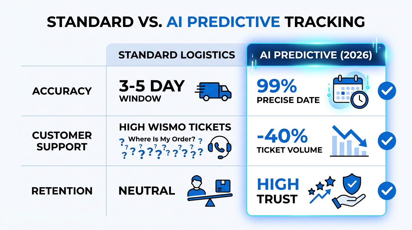Comparison of traditional shipping updates versus AI-driven predictive logistics.