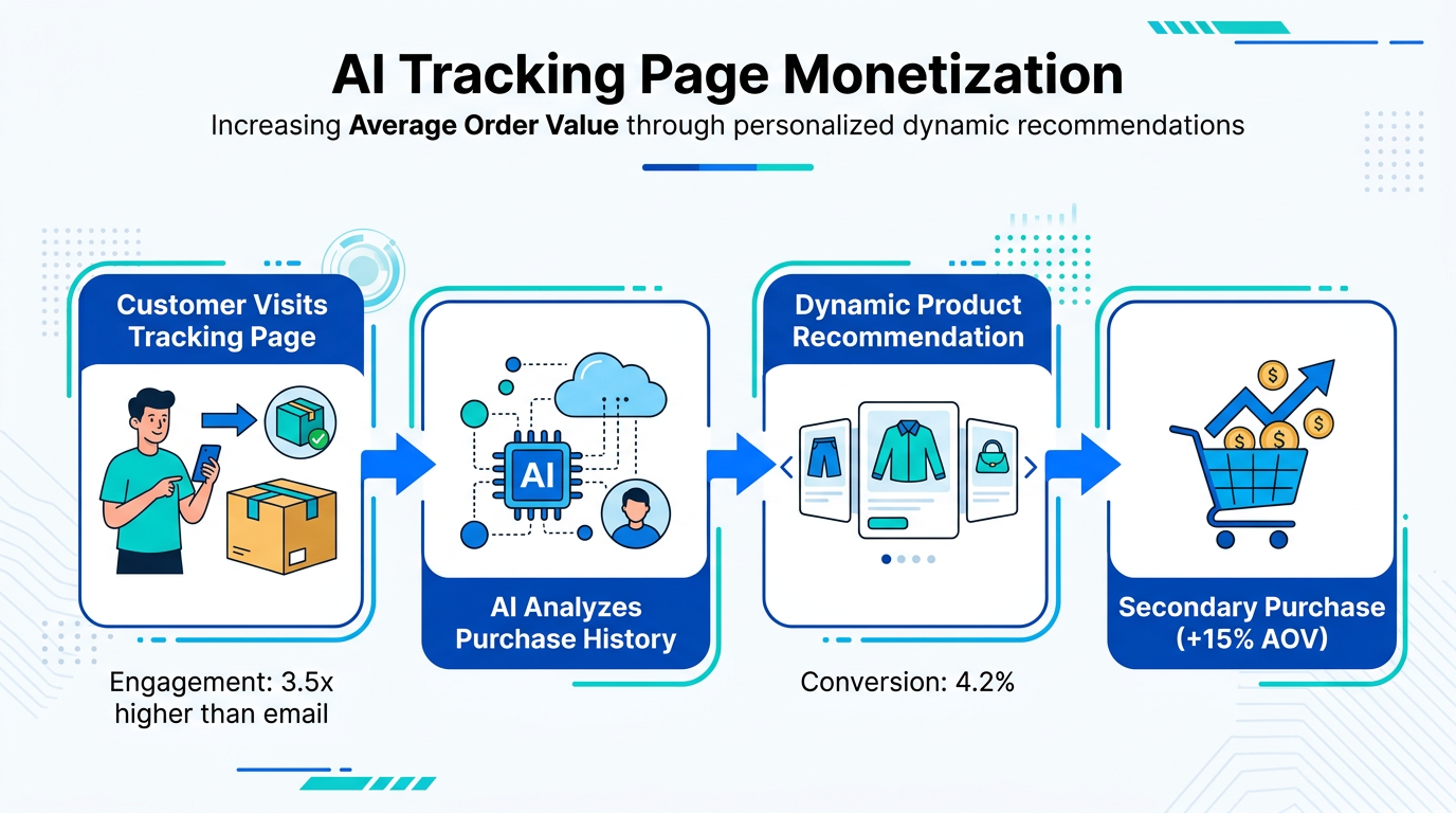 Workflow showing how AI recommendations turn tracking pages into sales channels.