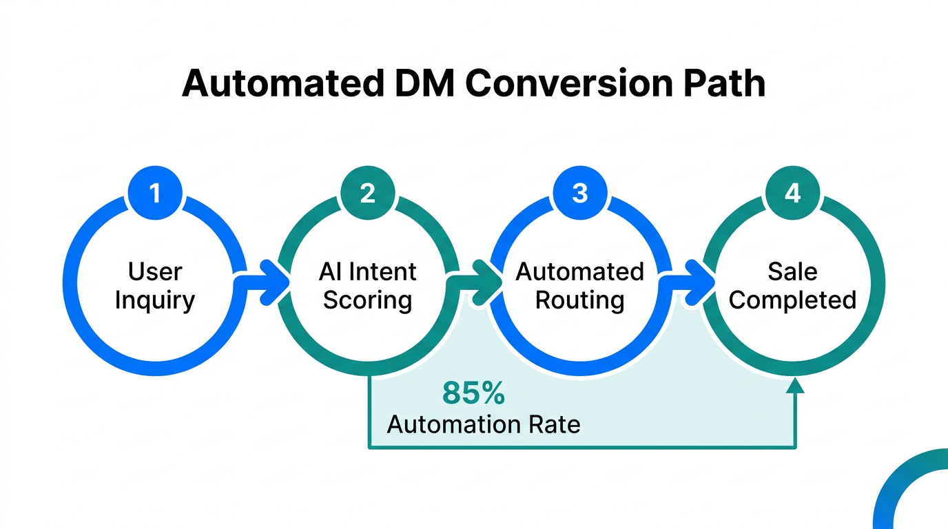 Four-step process for converting social inquiries via automated DM routing.
