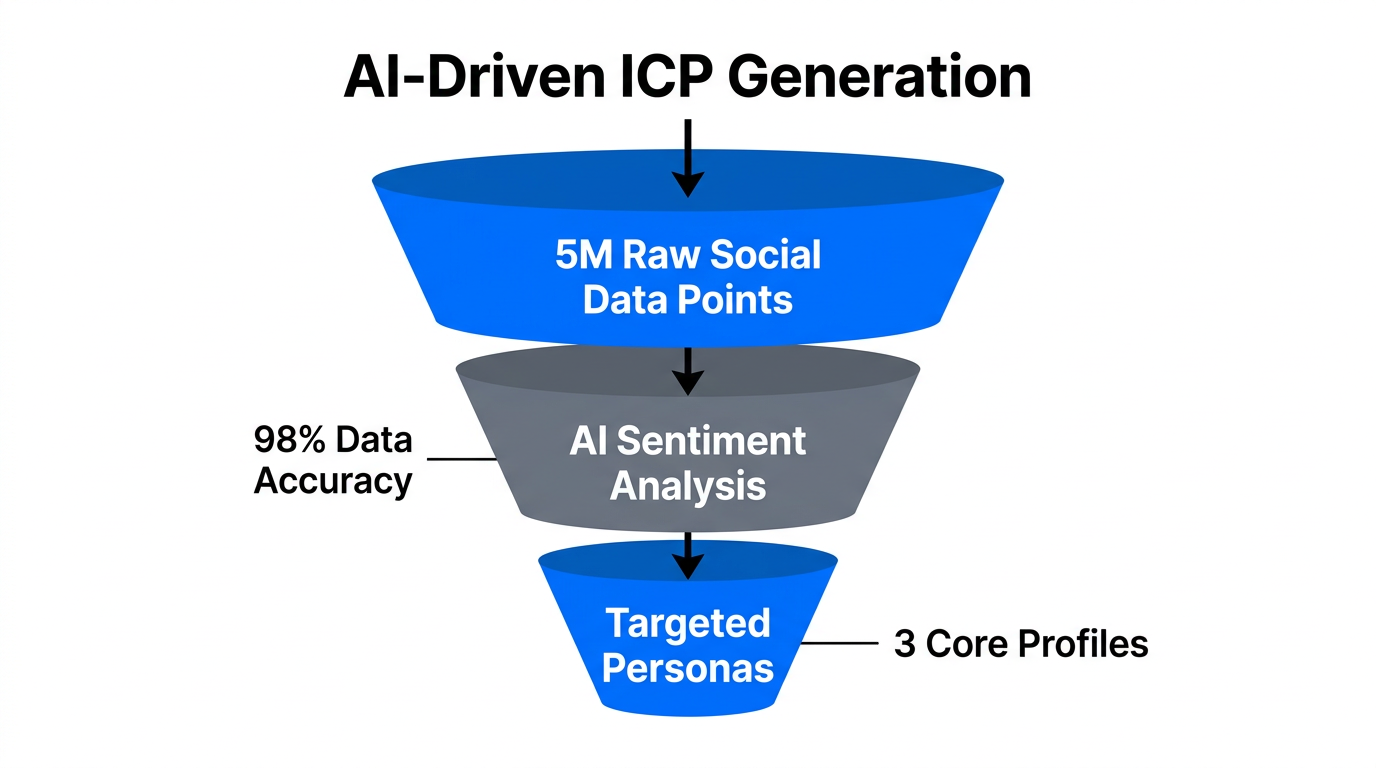 Funnel showing AI filtering raw social data into targeted customer personas.