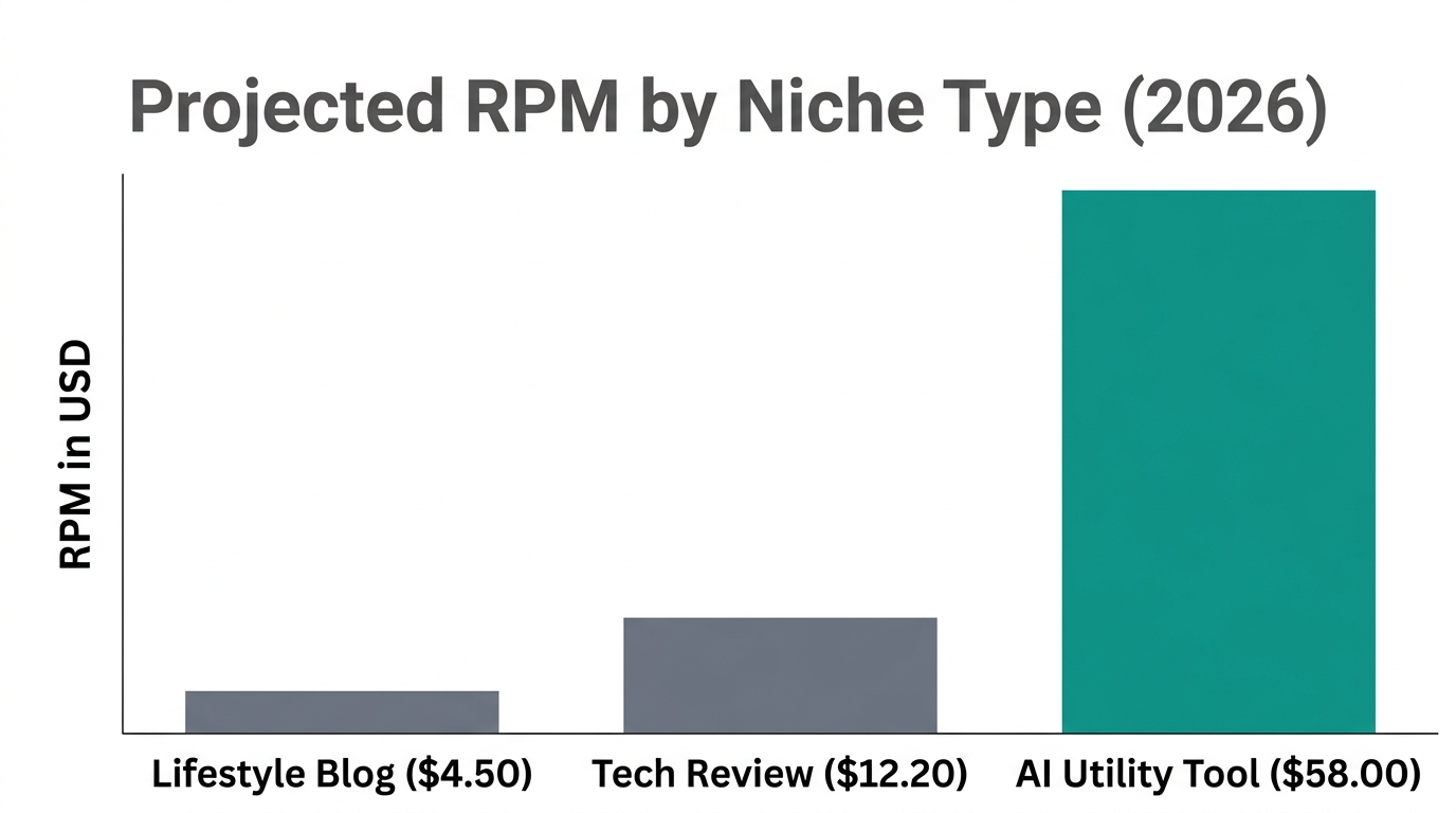 Projected RPM comparison between traditional content sites and AI utility tools.