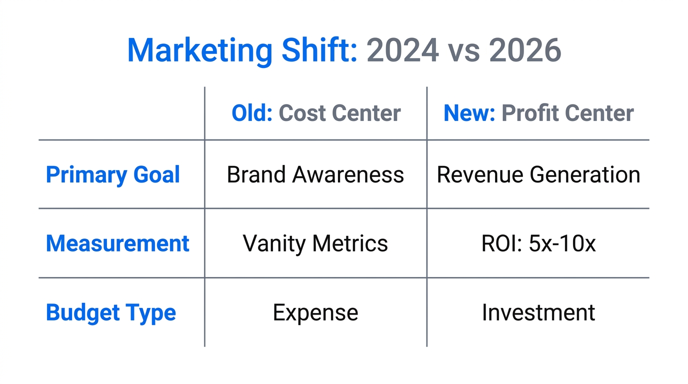 Comparison of traditional marketing cost centers versus modern profit centers.
