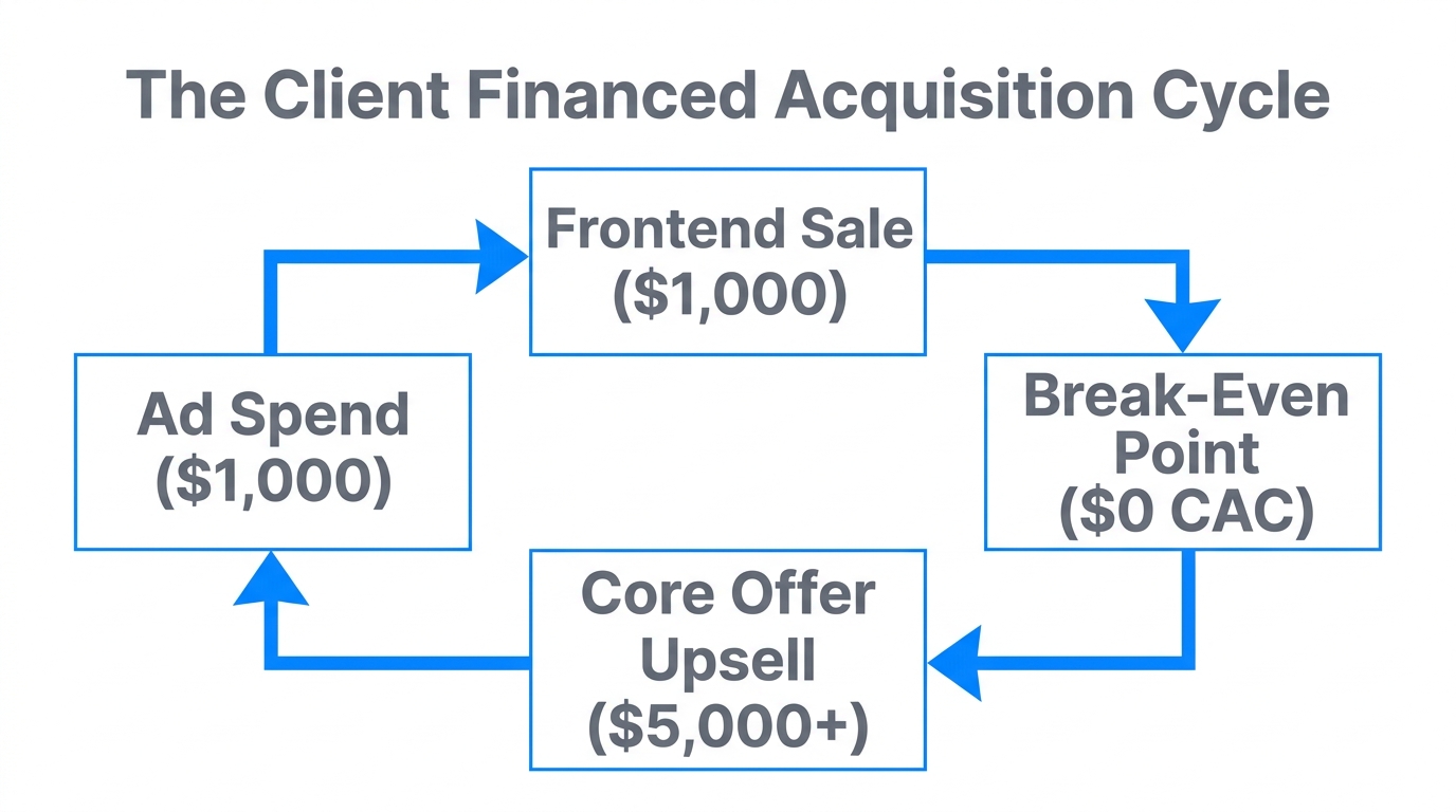The cyclical flow of Client Financed Acquisition for zero-cost growth.